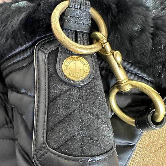 Coach Signature Satin Quilted Rabbit Fur Trimmed Hobo Handbag Black - Picture 3 of 16